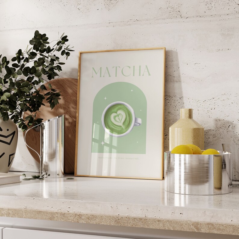 Print mockup of - Matcha written at the top in green, green arch with white stars and photo of Matcha on top. Matcha Powder • Hot Water • Steamed Milk written underneath.