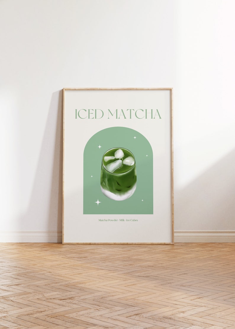 Print mockup of - Iced matcha written at the top in green, green arch with white stars and photo of Iced Matcha on top. Matcha Powder • Milk • Ice Cubes written underneath.