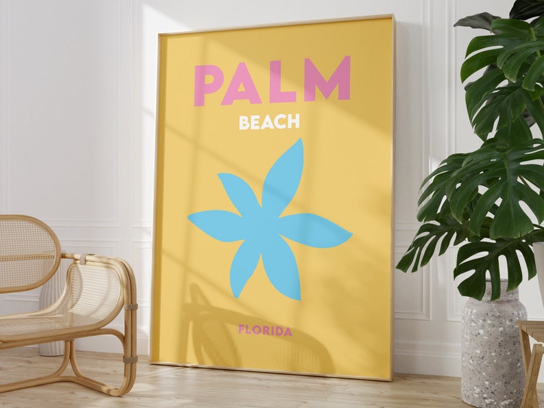 Palm beach florida text in pink and white on a yellow background with a blue flower illustration