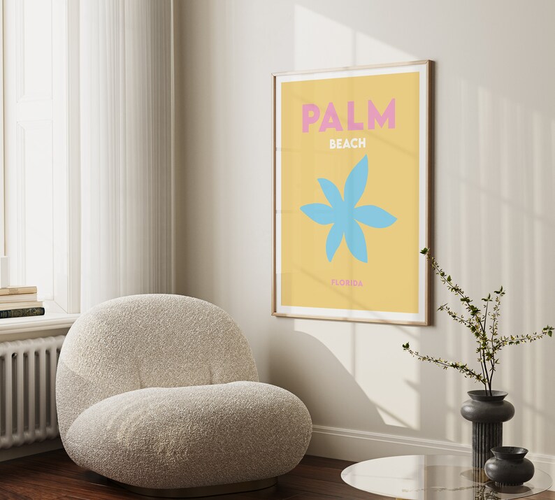 Palm beach florida text in pink and white on a yellow background with a blue flower illustration