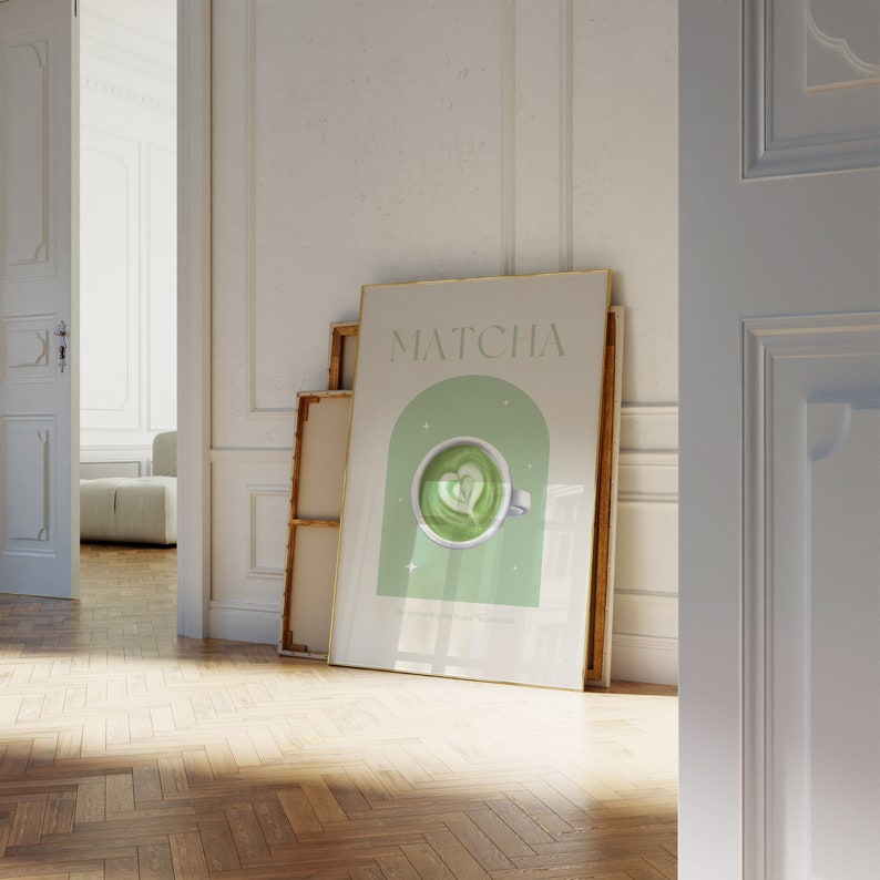 Print mockup of - Matcha written at the top in green, green arch with white stars and photo of Matcha on top. Matcha Powder • Hot Water • Steamed Milk written underneath.