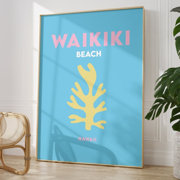 Waikiki Beach Print Instant Digital Download, Minimalist Poster, Hawaii Beach Poster, Bright Coloured Travel Print, Beach Print