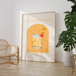 Old Fashioned Cocktail Print •  Cocktail Poster •  Bar Cart Wall Art Print •  Trendy Kitchen Print  • Cocktail Bar Cart Print