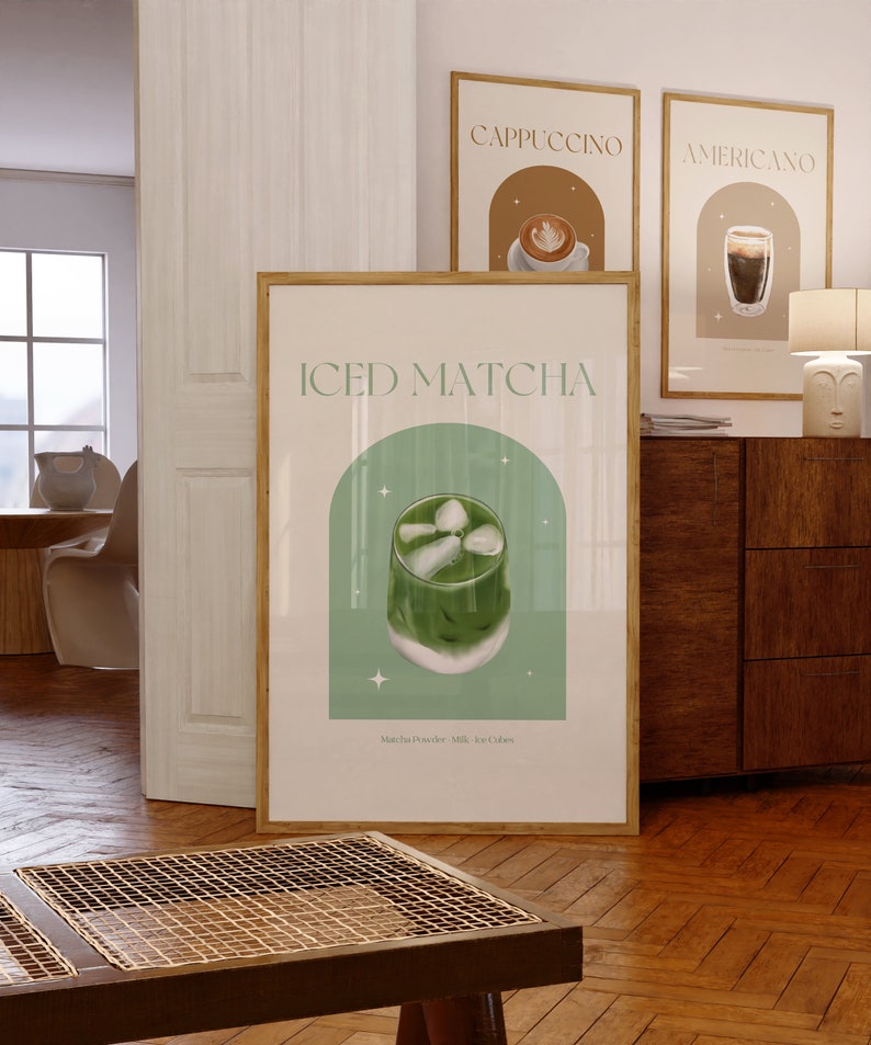 Print mockup of - Iced matcha written at the top in green, green arch with white stars and photo of Iced Matcha on top. Matcha Powder • Milk • Ice Cubes written underneath.