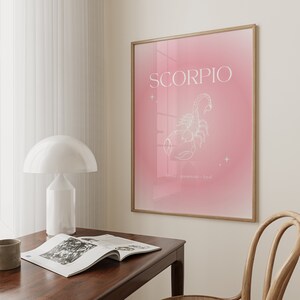 Pink gradient background with white Scorpio text and Scorpion illustration in the middle with brave, passionate, loyal text underneath.
