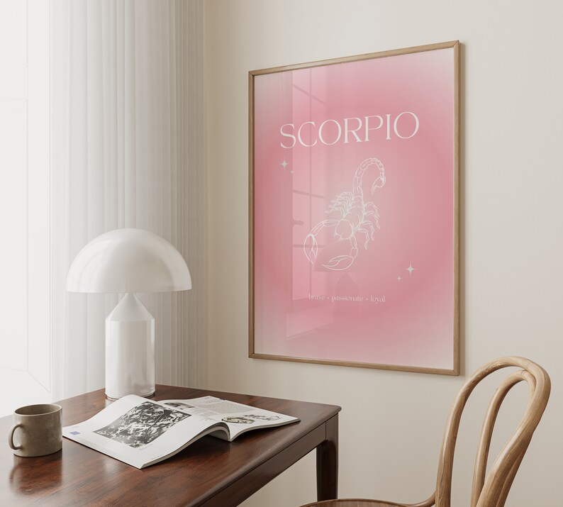 Pink gradient background with white Scorpio text and Scorpion illustration in the middle with brave, passionate, loyal text underneath.