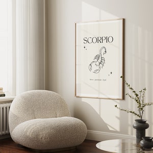 Pode incluir: Um p&ocirc;ster imprim&iacute;vel minimalista em preto e branco com o signo do zod&iacute;aco Escorpi&atilde;o. O p&ocirc;ster apresenta uma ilustra&ccedil;&atilde;o de escorpi&atilde;o e o texto "Escorpi&atilde;o" em letras pretas em negrito. O texto "intenso - apaixonado - leal" est&aacute; escrito em uma fonte menor abaixo do escorpi&atilde;o.
