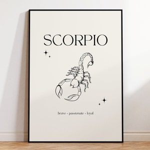 Pode incluir: Um p&ocirc;ster minimalista em preto e branco com a palavra "SCORPIO" em letras negritas. Abaixo do texto, h&aacute; uma ilustra&ccedil;&atilde;o estilizada de um escorpi&atilde;o. As palavras "corajoso - apaixonado - leal" est&atilde;o abaixo do escorpi&atilde;o.