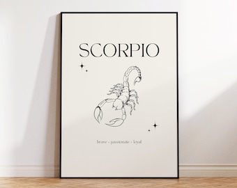 Scorpio Print Instant Digital Download Poster, Minimalist Scorpio Poster, Scorpio Zodiac Wall Art, Zodiac Poster, Star Sign Print