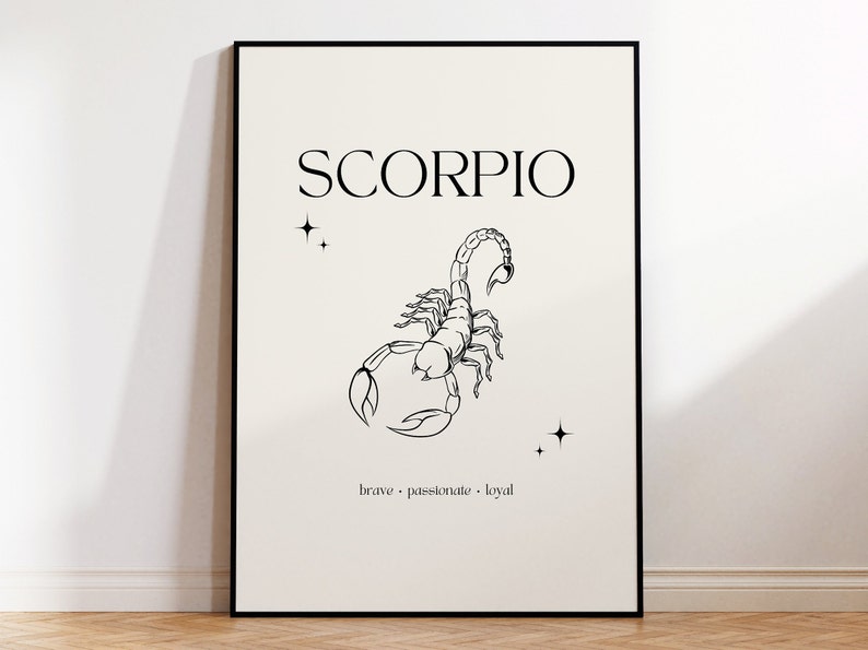 Pode incluir: Um p&ocirc;ster minimalista em preto e branco com a palavra "SCORPIO" em letras negritas. Abaixo do texto, h&aacute; uma ilustra&ccedil;&atilde;o estilizada de um escorpi&atilde;o. As palavras "corajoso - apaixonado - leal" est&atilde;o abaixo do escorpi&atilde;o.