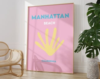 マンハッタン ビーチ プリント インスタント デジタル ダウンロード、ミニマリスト ポスター、カリフォルニア ビーチ ポスター、明るい色の旅行プリント、ビーチ プリント