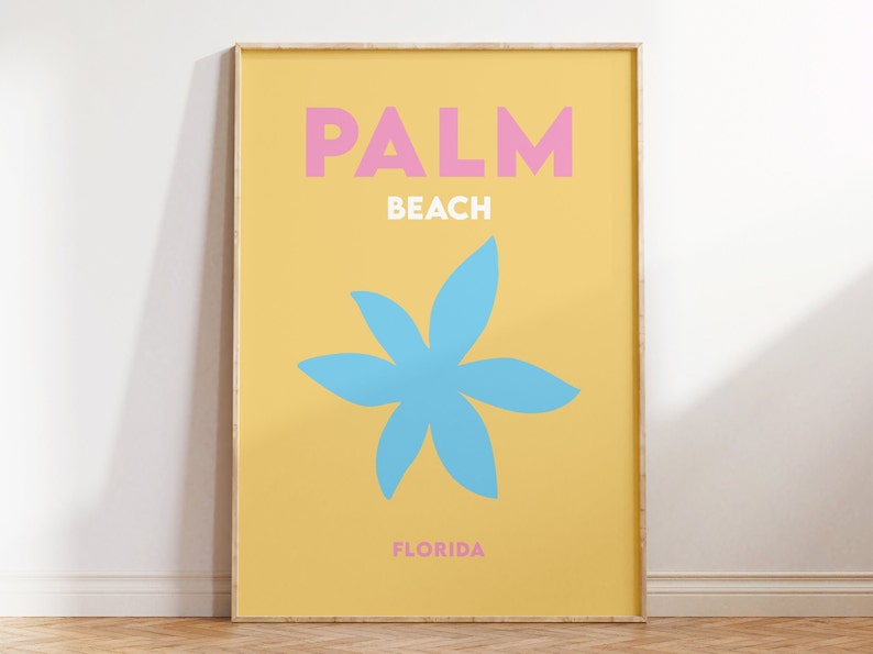 Palm beach florida text in pink and white on a yellow background with a blue flower illustration