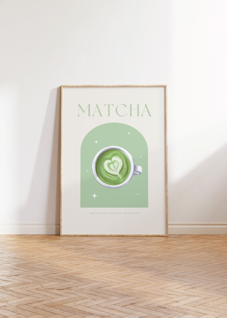 Print mockup of - Matcha written at the top in green, green arch with white stars and photo of Matcha on top. Matcha Powder • Hot Water • Steamed Milk written underneath.