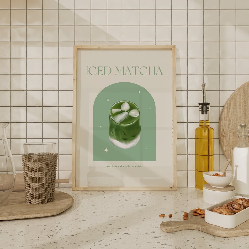Print mockup of - Iced matcha written at the top in green, green arch with white stars and photo of Iced Matcha on top. Matcha Powder • Milk • Ice Cubes written underneath.