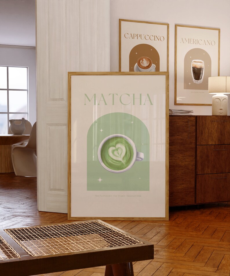 Print mockup of - Matcha written at the top in green, green arch with white stars and photo of Matcha on top. Matcha Powder • Hot Water • Steamed Milk written underneath.