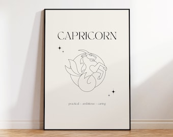Capricorn Print Instant Digital Download Poster, Minimalist Capricorn Poster, Capricorn Zodiac Wall Art, Zodiac Poster, Star Sign Print