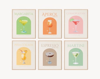 Set of 6 Cocktail Prints • Bar Cart Prints • Minimalist Alcohol Prints • Cocktail Posters • Bar Cart Decor • Digital Download