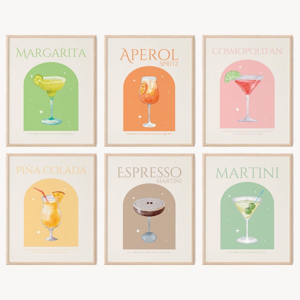 Set of 6 Cocktail Prints • Bar Cart Prints • Minimalist Alcohol Prints • Cocktail Posters • Bar Cart Decor • Digital Download