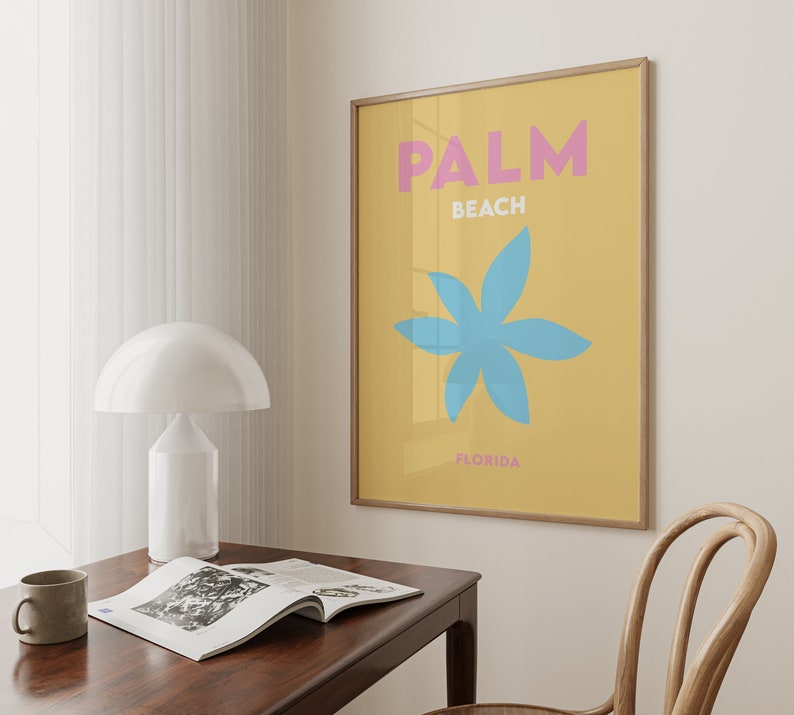 Palm beach florida text in pink and white on a yellow background with a blue flower illustration