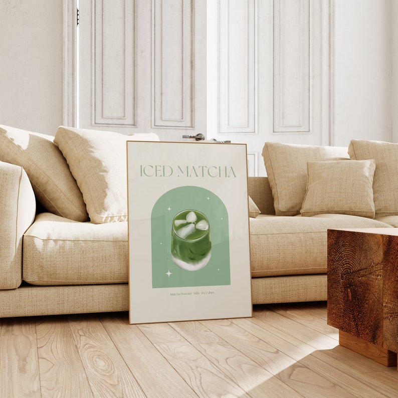 Print mockup of - Iced matcha written at the top in green, green arch with white stars and photo of Iced Matcha on top. Matcha Powder • Milk • Ice Cubes written underneath.