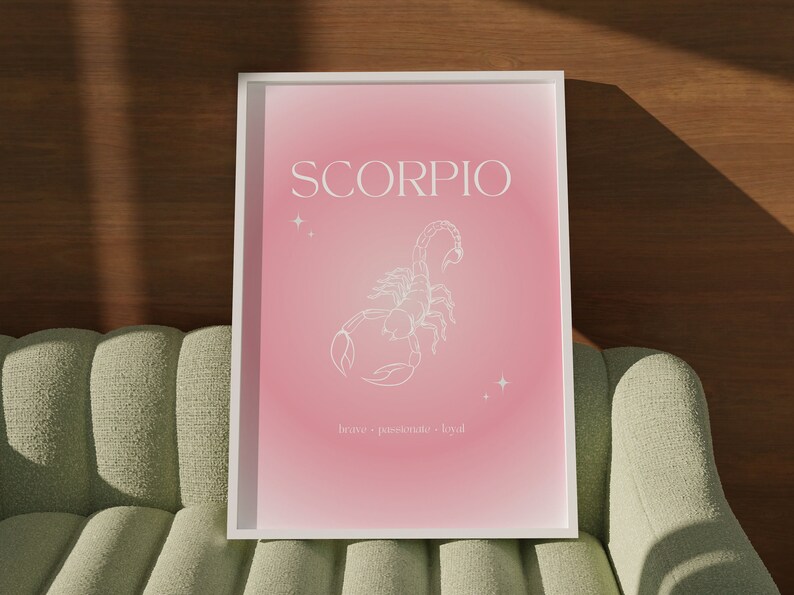 Pink gradient background with white Scorpio text and Scorpion illustration in the middle with brave, passionate, loyal text underneath.
