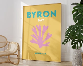 バイロン ベイ プリント インスタント デジタル ダウンロード、ミニマリスト ポスター、オーストラリア ビーチ ポスター、明るい色の旅行プリント、ビーチ プリント