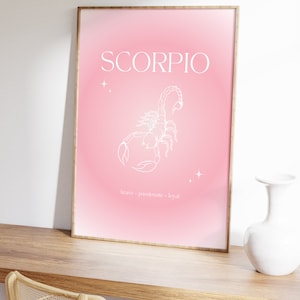Pink gradient background with white Scorpio text and Scorpion illustration in the middle with brave, passionate, loyal text underneath.