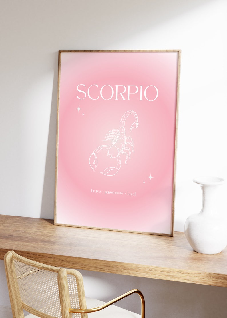 Pink gradient background with white Scorpio text and Scorpion illustration in the middle with brave, passionate, loyal text underneath.