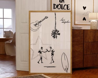 Retro California Line Art Masculine Home Decor Minimalist California Collage Print, Tattoo Style Boxing Art, LA Surf Music Vintage Wall Art