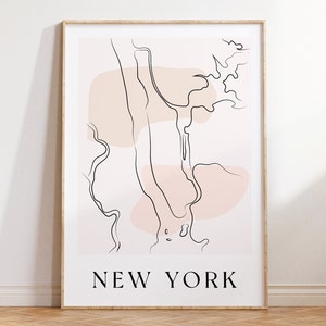 New York Map Print Téléchargement numérique instantané, Affiche rose de New York, Illustration de la ville de New York