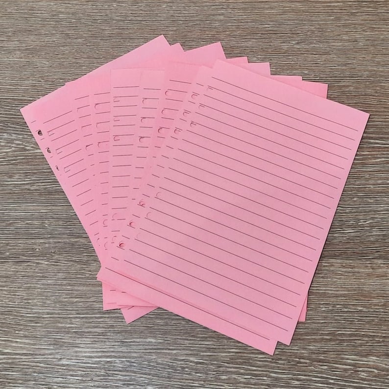 May include: A stack of pink lined paper with holes punched along the left edge. The paper is folded in a fan shape.