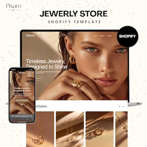 Può includere: Un display digitale che mostra un modello Shopify per un negozio di gioielli. Lo schermo mostra il testo "JEWERLY STORE SHOPIFY TEMPLATE" e "Timeless Jewelry, Designed to Shine". Uno smartphone mostra lo stesso design del negozio di gioielli. L'immagine presenta una donna che indossa gioielli d'oro.