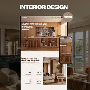 May include: A digital display of a website for Lane Interiors featuring the text Interior Design and Showit. The layout showcases a kitchen with wooden cabinetry, a marble island, and stools, alongside statistics like 8+ years of experience.