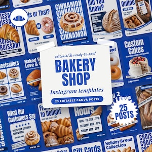 Può includere: Una raccolta di 25 modelli Instagram modificabili per un panificio, caratterizzati da design blu e bianchi con immagini di croissant, girelle alla cannella, pane a lievitazione naturale, ciambelle e torte, con testi per la promozione.