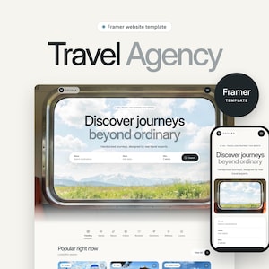 Puede incluir: Una plantilla de sitio web Framer para una agencia de viajes con interfaz de escritorio y móvil. El diseño muestra el texto Discover journeys beyond ordinary, una barra de búsqueda y una imagen de paisaje vista por una ventana de tren.