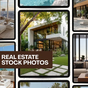 Photos immobilières optimisées par l'IA, intérieurs et extérieurs modernes, images d'annonces immobilières, pack agent