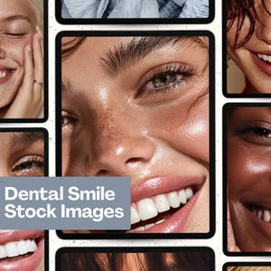 Puede incluir: Un collage de imágenes en primer plano de rostros sonrientes, mostrando dientes sanos y piel radiante. Las imágenes están enmarcadas con bordes negros, con el texto "Dental Smile Stock Images" sobre un fondo gris.