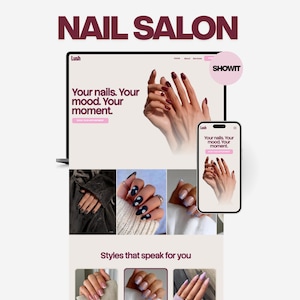 Puede incluir: Una plantilla de sitio web para un salón de uñas llamado Lush, mostrada en una pantalla de portátil y smartphone. El diseño presenta un esquema de color rosa claro y granate oscuro con el texto Your nails. Your mood. Your moment. y fotos de manos.