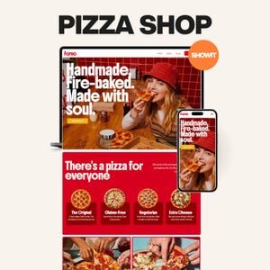 Puede incluir: Una plantilla de sitio web para una pizzería mostrada en una pantalla de portátil y smartphone. El diseño presenta esquemas de color rojo y blanco, tipografía en negrita e imágenes de pizza. El texto incluye "Pizza Shop", "Handmade, Fire-baked. Made with soul." y "There's a pizza for everyone" con categorías de menú.