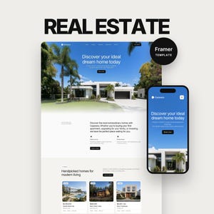 Puede incluir: Una plantilla de sitio web digital para bienes raíces con vista de escritorio y móvil. El diseño muestra una casa blanca moderna, palmeras y texto que incluye "REAL ESTATE", "Framer TEMPLATE" y "Discover your ideal dream home today".