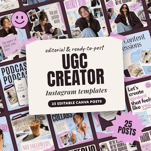 Puede incluir: Una colección de 25 plantillas de Instagram editables para creadores de UGC con una tarjeta central color crema con el texto editorial & ready-to-post UGC CREATOR Instagram templates 25 EDITABLE CANVA POSTS rodeada de varios diseños de publicaciones.
