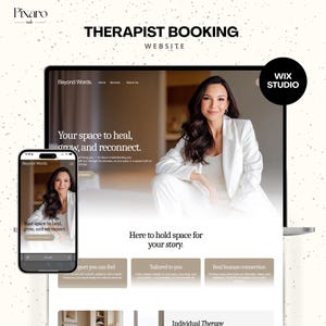 May include: A website design for therapist booking, featuring a laptop and smartphone displaying the site. The website showcases a woman in a white suit, with the text "Your space to heal, grow, and reconnect." The Wix Studio logo is visible.