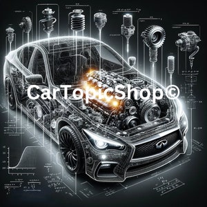 May include: A detailed, exploded view of a car engine with various parts labeled. The car is a black sedan with a white outline. The image is set against a dark gray background with technical drawings and diagrams.