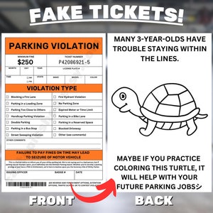 VALSE parkeerkaartgrap | Gag Ticket-overtreding | Nep-realistische kaartjes | Parkeerkaart | Kleur in dier (twee in één)