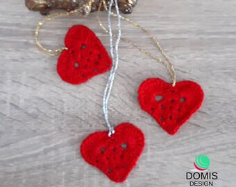 3 pieces red and white hearts for decoration, mini crochet hearts