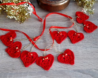 Garland Red hearts Set 9 Hand-crocheted ornaments Small cotton hearts Great idea Red Christmas  Valentine's dekor
