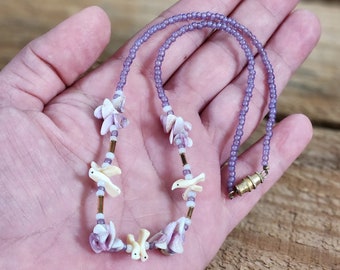 Small Vintage Zuni Carved Bird Fetish Necklace | Purple Hand Beaded Native American Jewelry | Tribal Jewelry | Southwestern Collectors Gift