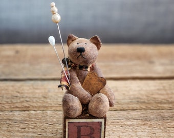 Vintage Primitive Miniature Teddy Bear Pincushion | Sewing Gift