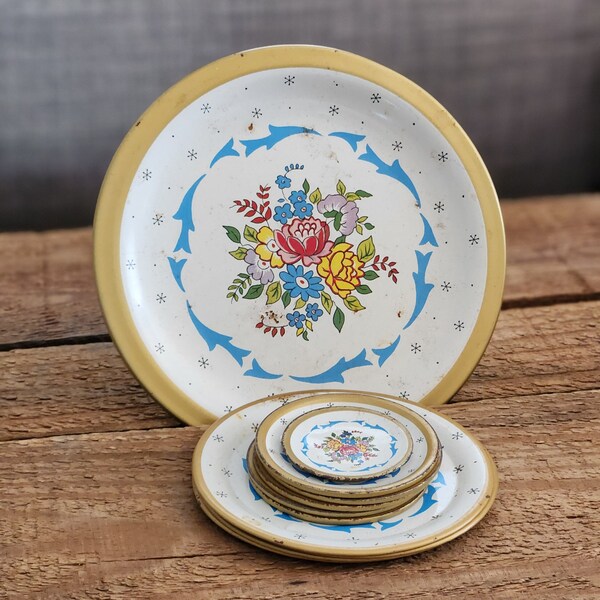 Vintage Ohio Art Tin Litho Tea Set | Miniature Tin Plates | Blue Floral Pattern | Gift