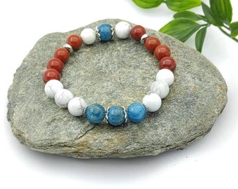 Bracelet minceur Apatite bleue, Howlite et Jaspe rouge. Bijou ajustable cadeau pour Elle.